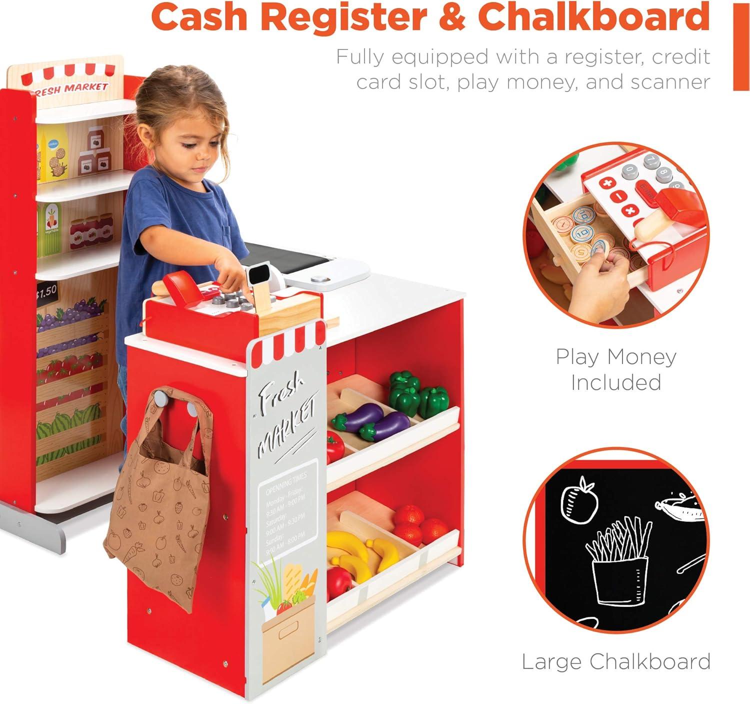 imageBest Choice Products Pretend Play Grocery Store Wooden Supermarket Toy Set for Kids wPlay Food Chalkboard Cash Register Working Conveyor  RedRed