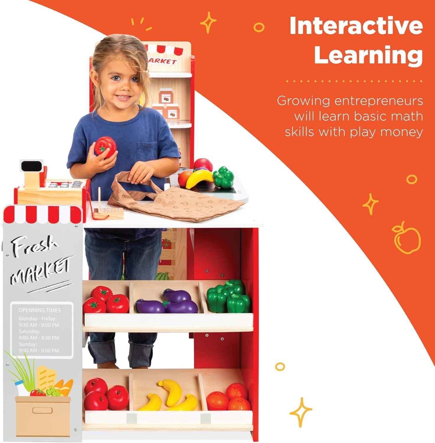 imageBest Choice Products Pretend Play Grocery Store Wooden Supermarket Toy Set for Kids wPlay Food Chalkboard Cash Register Working Conveyor  RedRed