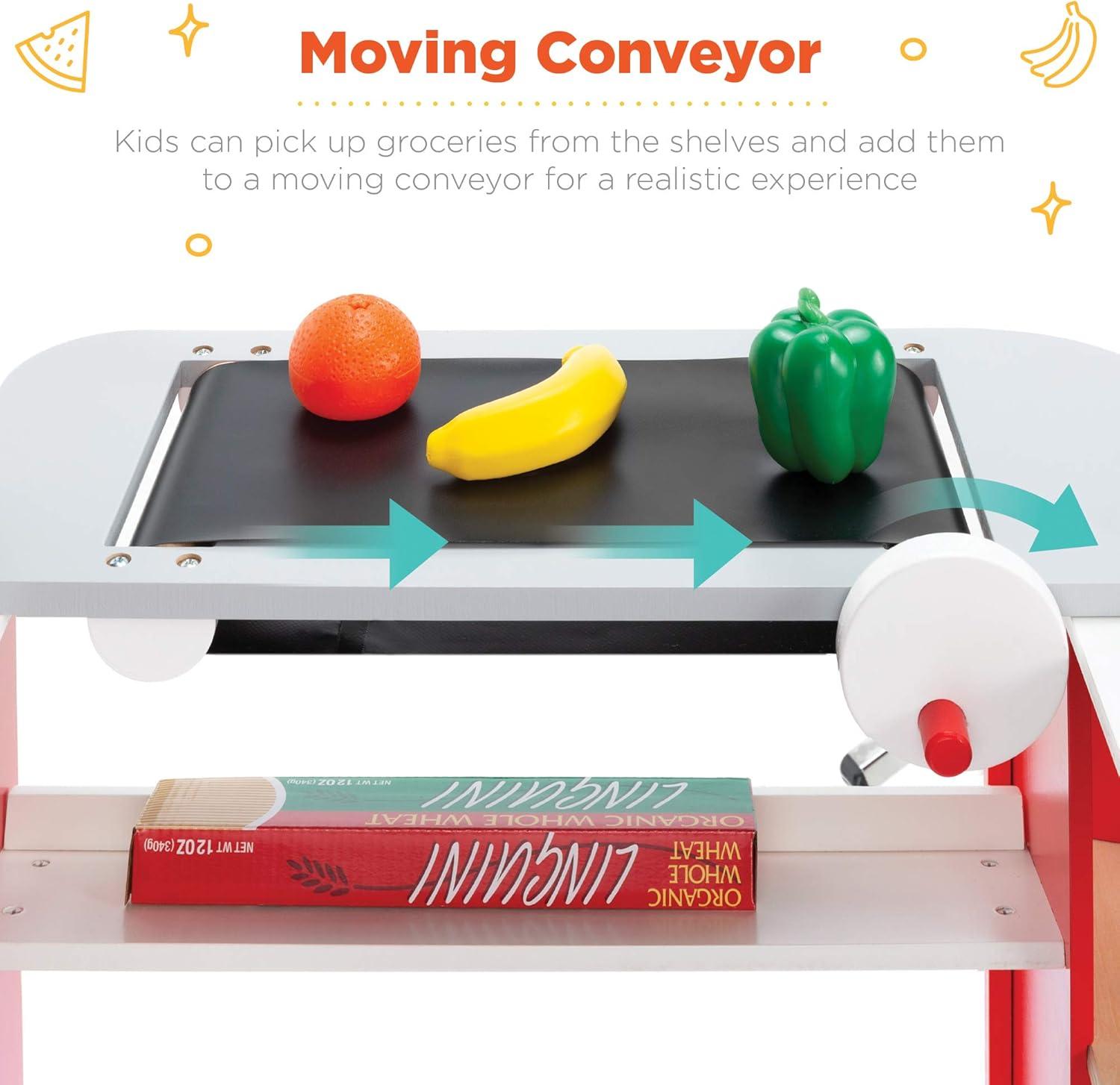 imageBest Choice Products Pretend Play Grocery Store Wooden Supermarket Toy Set for Kids wPlay Food Chalkboard Cash Register Working Conveyor  RedRed