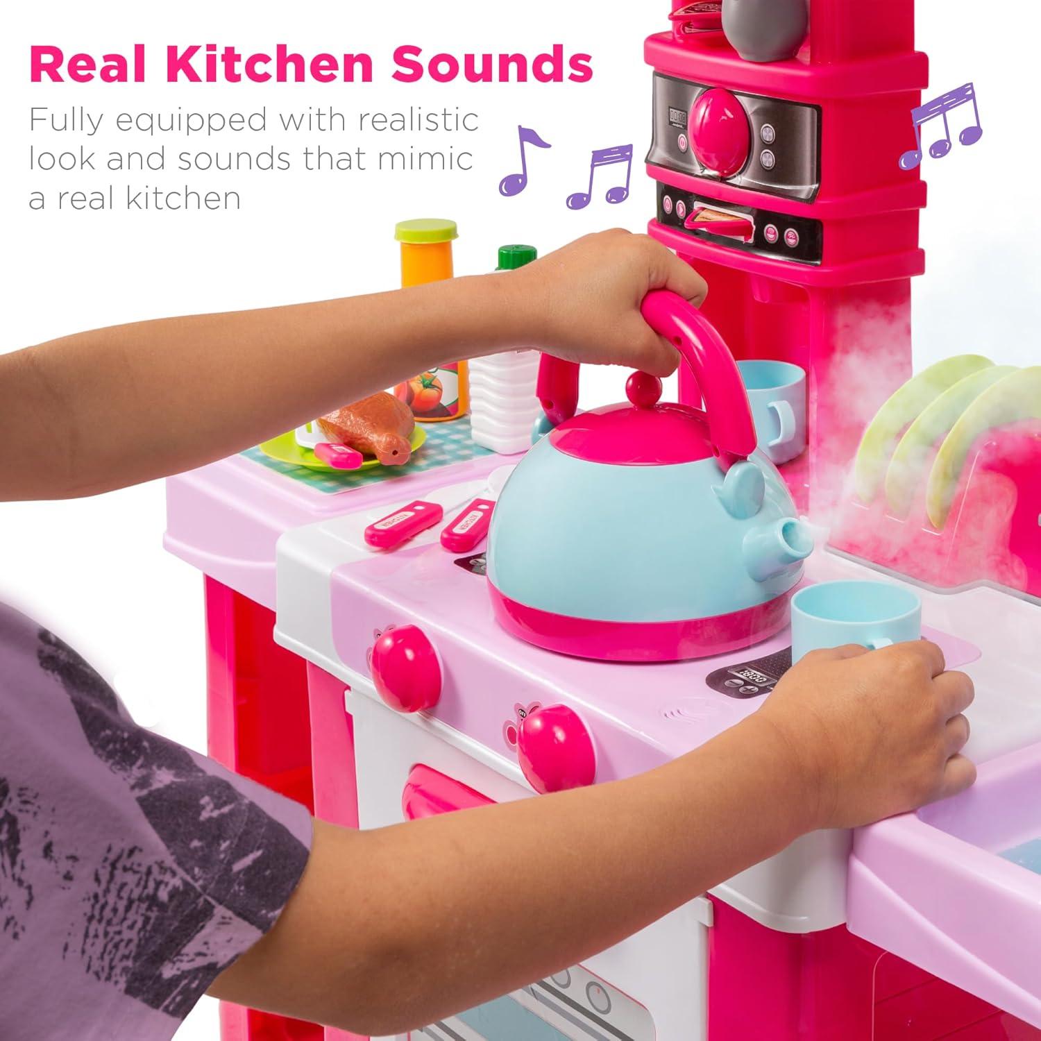 imageBest Choice Products Pretend Play Kitchen Toy Set for Kids with Water Vapor Teapot 34 Accessories Sounds Realistic Design Utensils Oven Food Sink  Pink