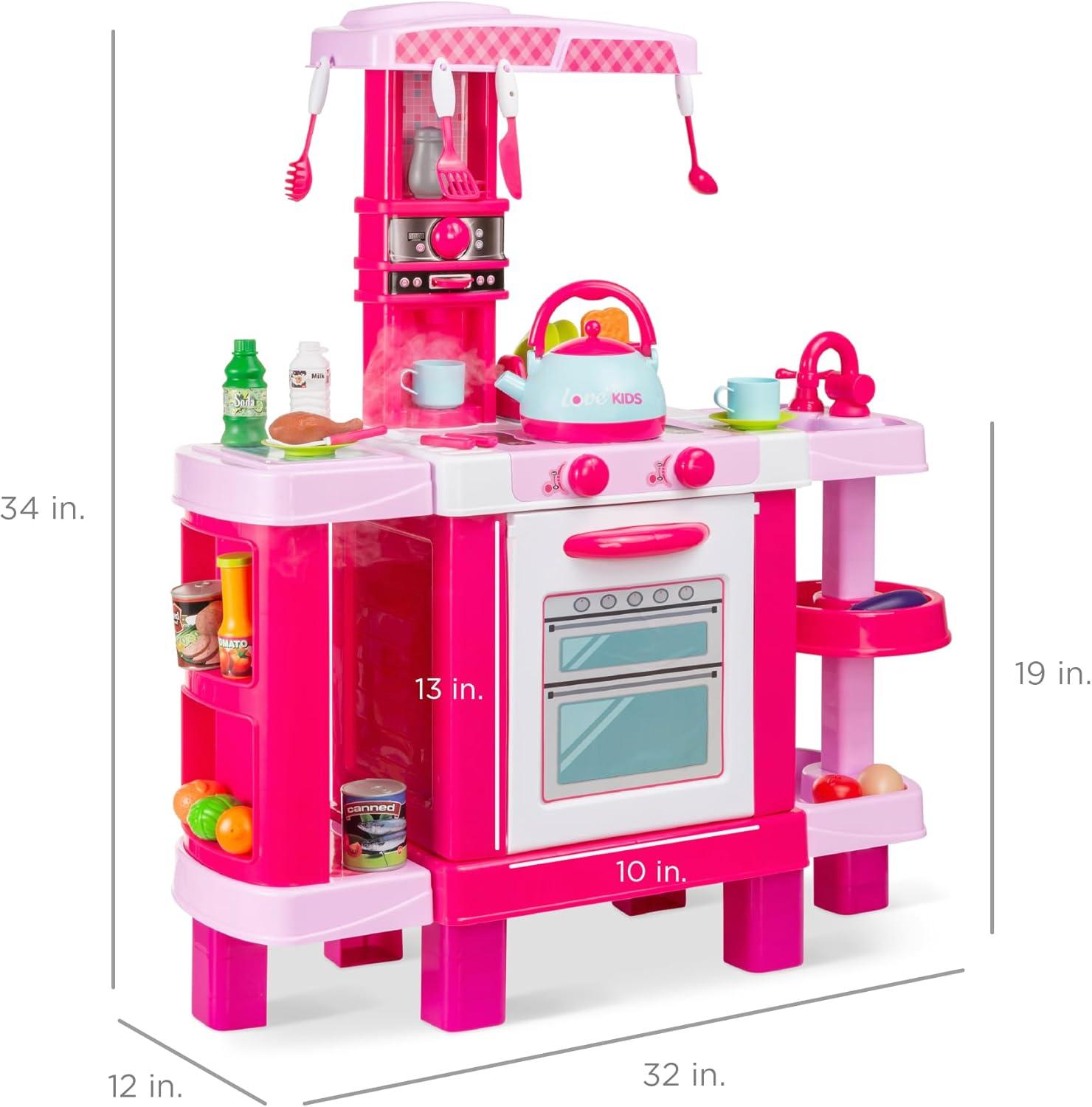 imageBest Choice Products Pretend Play Kitchen Toy Set for Kids with Water Vapor Teapot 34 Accessories Sounds Realistic Design Utensils Oven Food Sink  Pink
