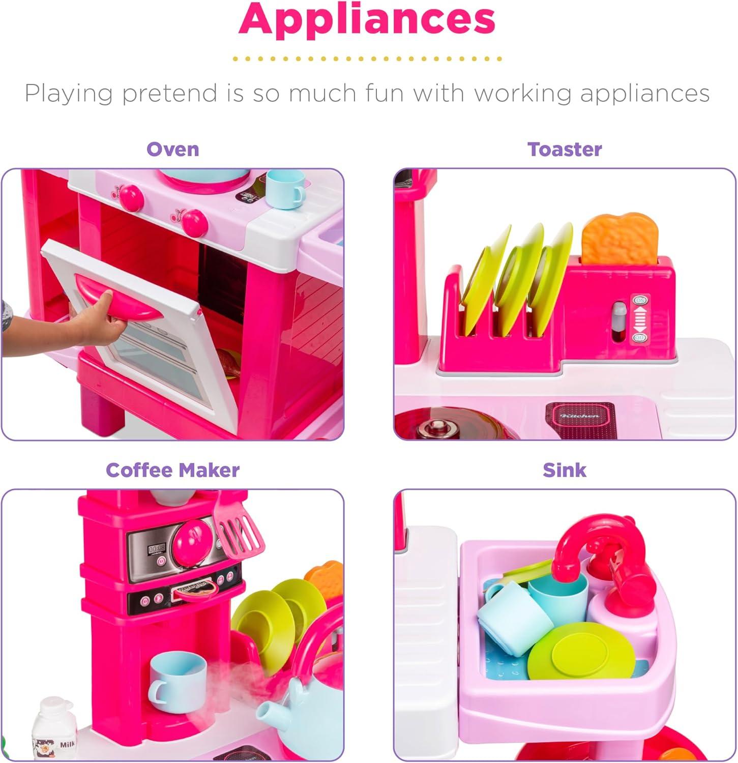 imageBest Choice Products Pretend Play Kitchen Toy Set for Kids with Water Vapor Teapot 34 Accessories Sounds Realistic Design Utensils Oven Food Sink  Pink