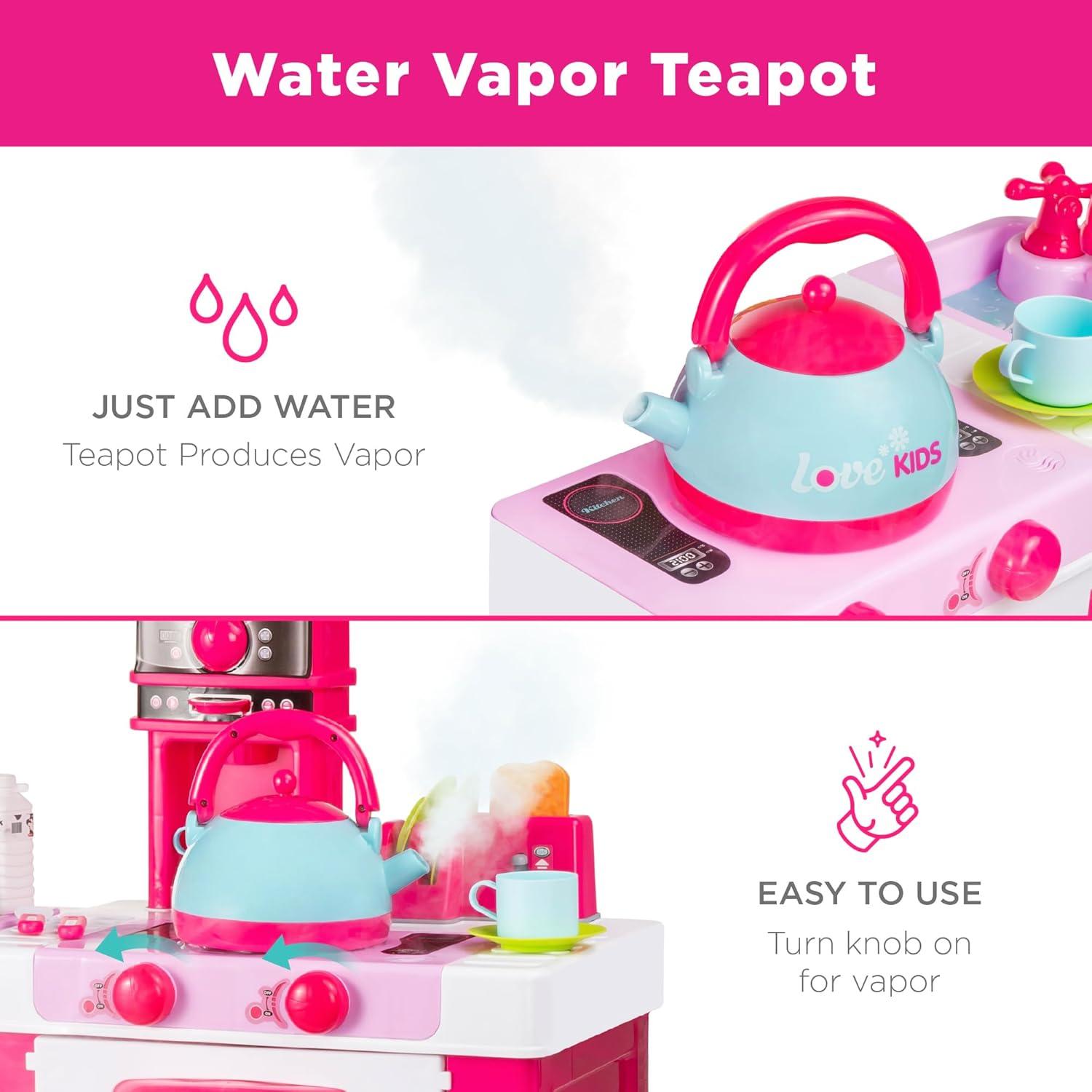 imageBest Choice Products Pretend Play Kitchen Toy Set for Kids with Water Vapor Teapot 34 Accessories Sounds Realistic Design Utensils Oven Food Sink  Pink