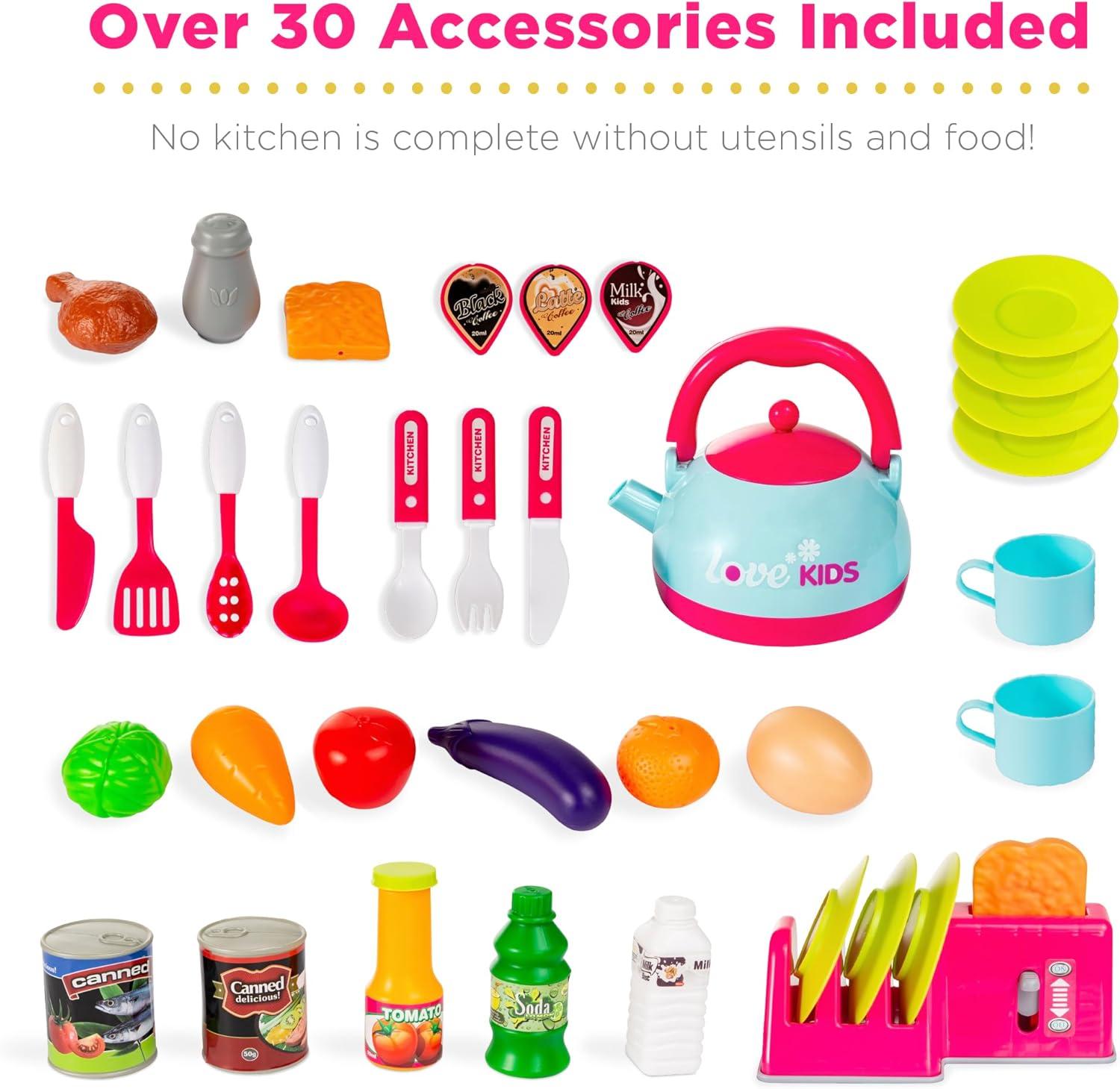 imageBest Choice Products Pretend Play Kitchen Toy Set for Kids with Water Vapor Teapot 34 Accessories Sounds Realistic Design Utensils Oven Food Sink  Pink