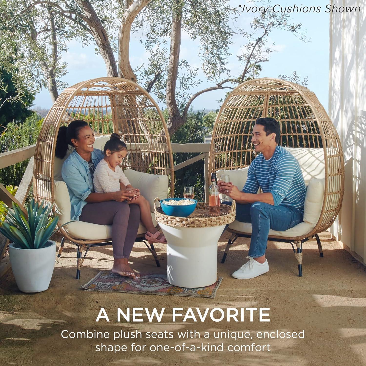 imageBest Choice Products Wicker Egg Chair Oversized Indoor Outdoor Lounger for Patio Backyard Living Room w 4 Cushions Steel Frame 440lb Capacity  IvoryBlack