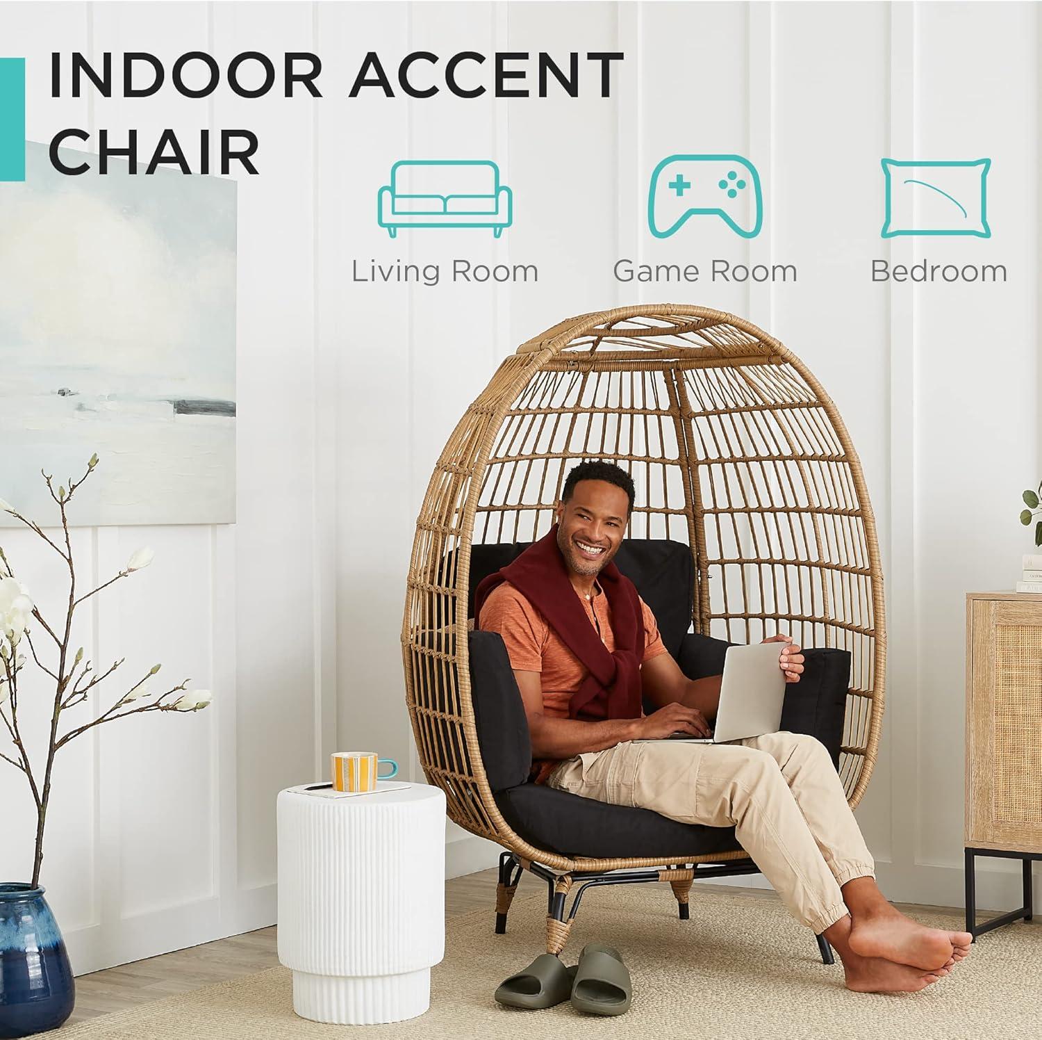 imageBest Choice Products Wicker Egg Chair Oversized Indoor Outdoor Lounger for Patio Backyard Living Room w 4 Cushions Steel Frame 440lb Capacity  IvoryBlack