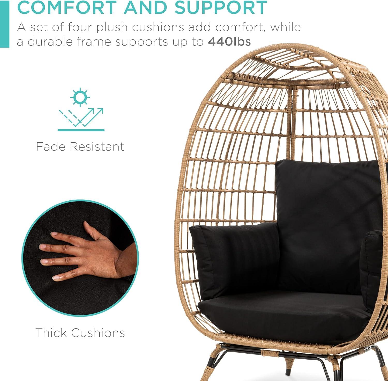 imageBest Choice Products Wicker Egg Chair Oversized Indoor Outdoor Lounger for Patio Backyard Living Room w 4 Cushions Steel Frame 440lb Capacity  IvoryBlack