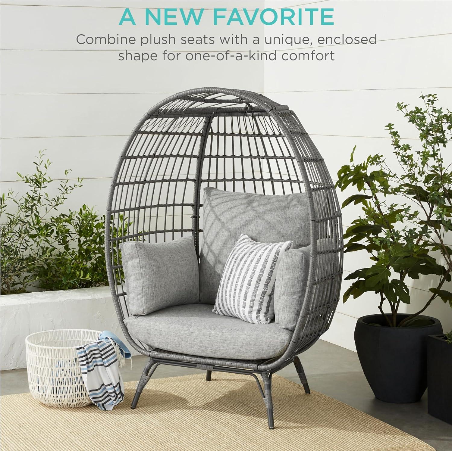 imageBest Choice Products Wicker Egg Chair Oversized Indoor Outdoor Lounger for Patio Backyard Living Room w 4 Cushions Steel Frame 440lb Capacity  IvoryGrayHeather Gray