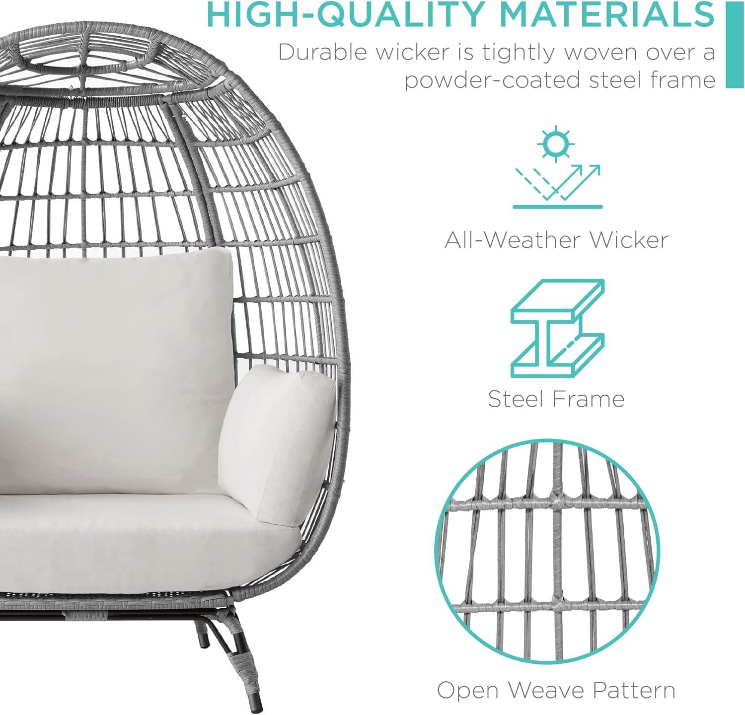 imageBest Choice Products Wicker Egg Chair Oversized Indoor Outdoor Lounger for Patio Backyard Living Room w 4 Cushions Steel Frame 440lb Capacity  IvoryGrayWhite Sand