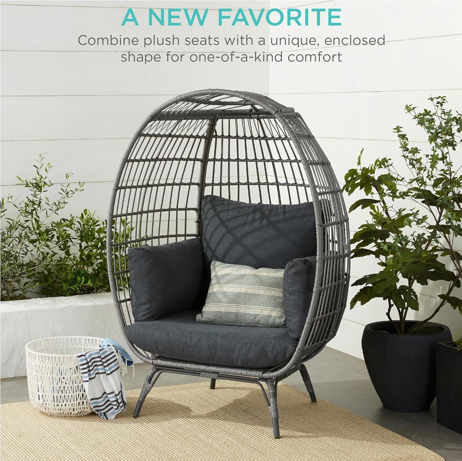 imageBest Choice Products Wicker Egg Chair Oversized Indoor Outdoor Lounger for Patio Backyard Living Room w 4 Cushions Steel Frame 440lb Capacity  IvoryGrayCharcoal