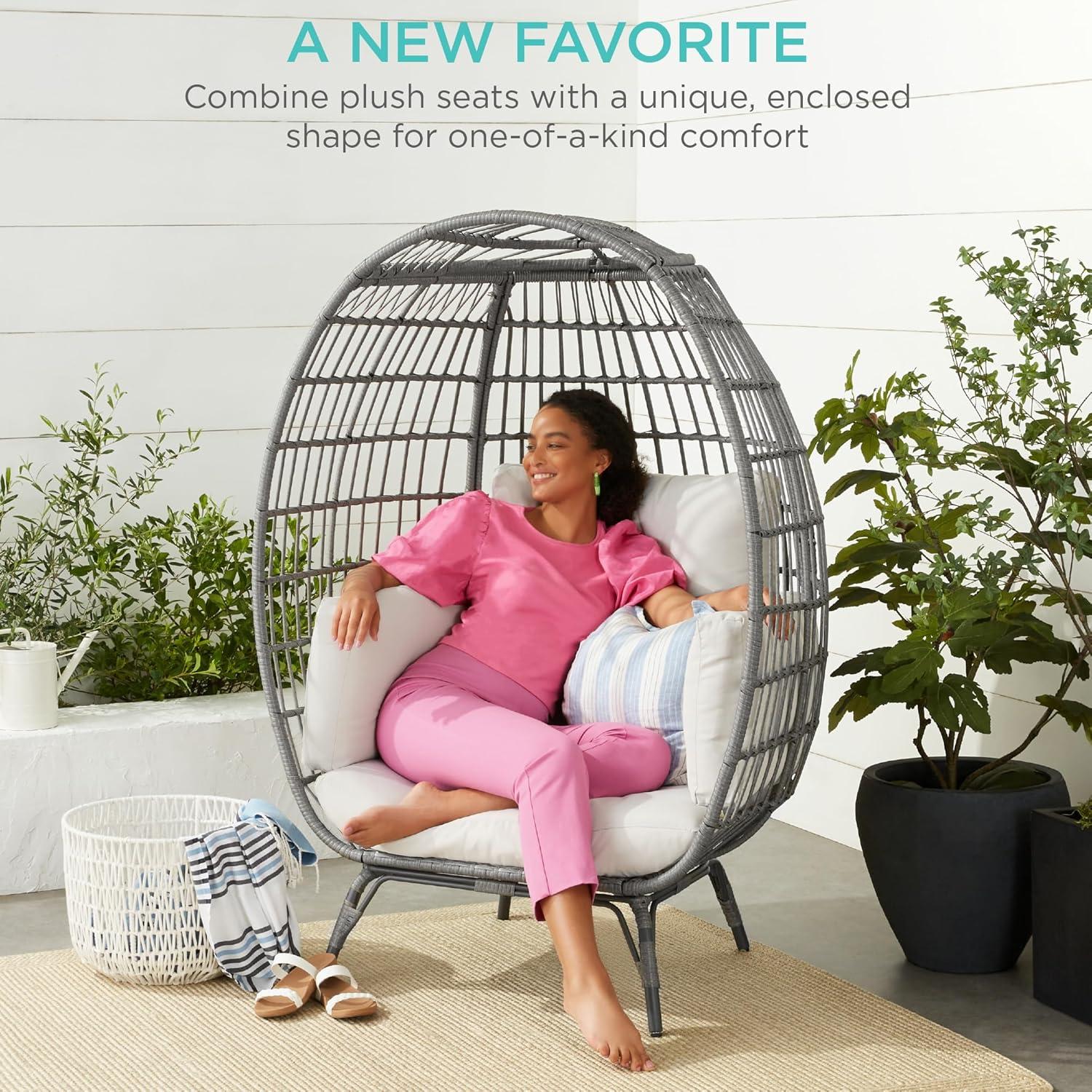 imageBest Choice Products Wicker Egg Chair Oversized Indoor Outdoor Lounger for Patio Backyard Living Room w 4 Cushions Steel Frame 440lb Capacity  IvoryGrayWhite Sand