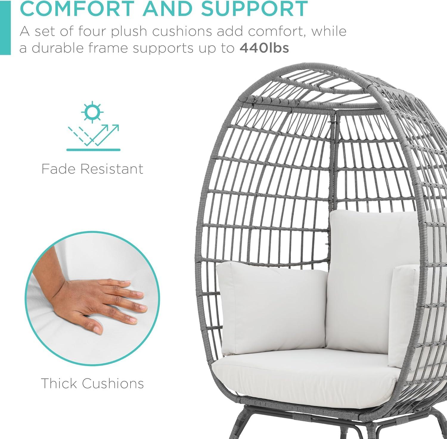 imageBest Choice Products Wicker Egg Chair Oversized Indoor Outdoor Lounger for Patio Backyard Living Room w 4 Cushions Steel Frame 440lb Capacity  IvoryGrayWhite Sand