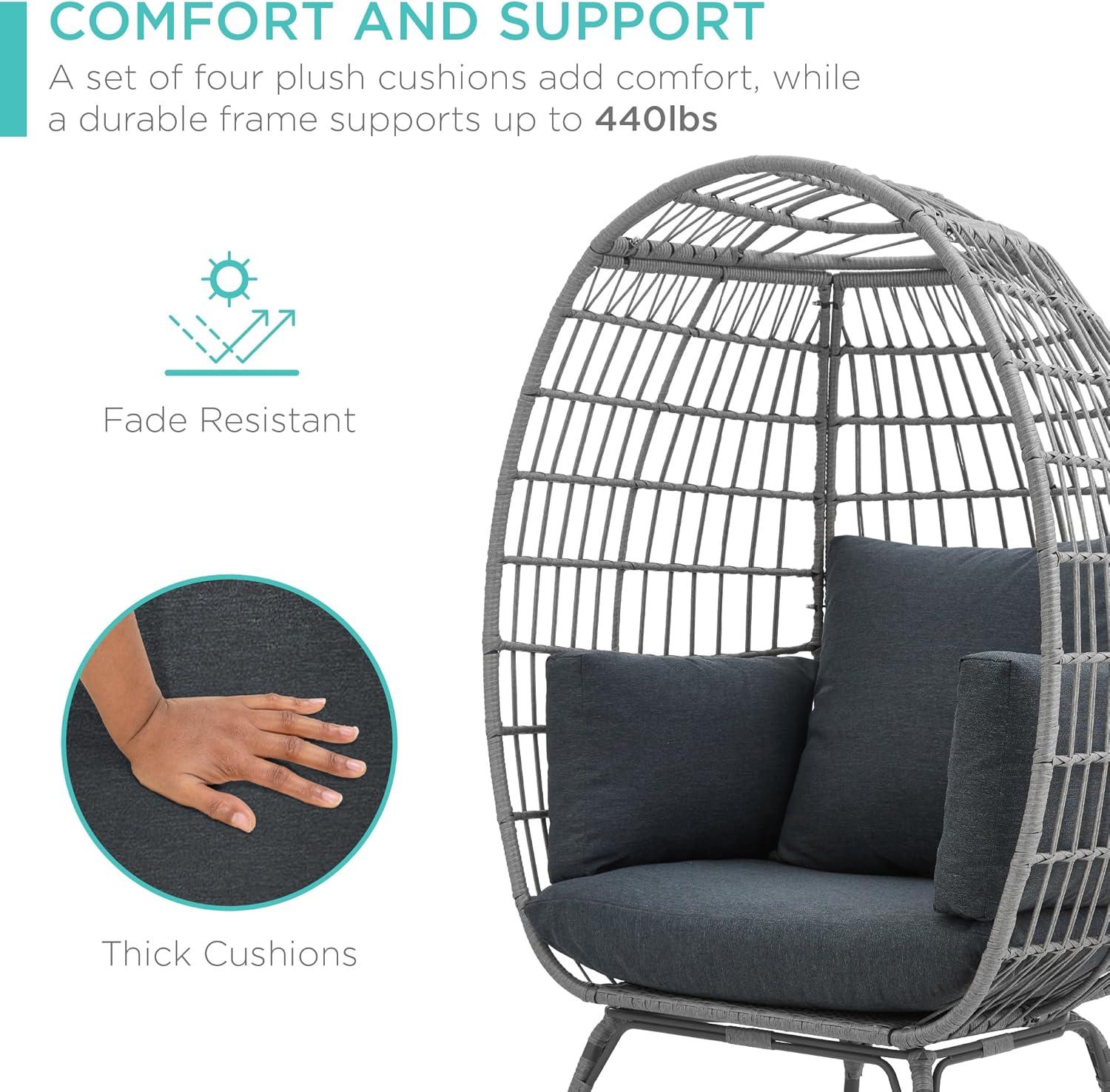 imageBest Choice Products Wicker Egg Chair Oversized Indoor Outdoor Lounger for Patio Backyard Living Room w 4 Cushions Steel Frame 440lb Capacity  IvoryGrayCharcoal