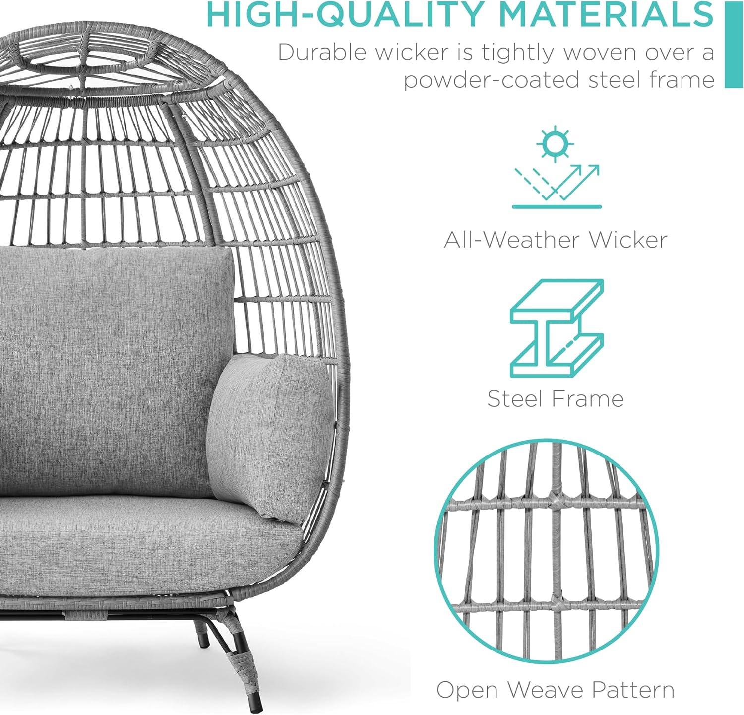 imageBest Choice Products Wicker Egg Chair Oversized Indoor Outdoor Lounger for Patio Backyard Living Room w 4 Cushions Steel Frame 440lb Capacity  IvoryGrayHeather Gray