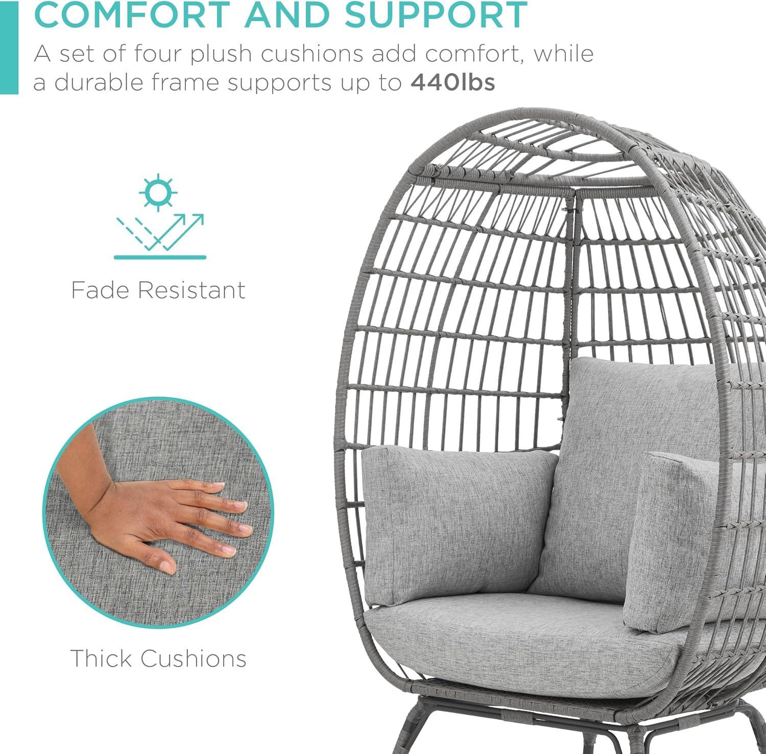 imageBest Choice Products Wicker Egg Chair Oversized Indoor Outdoor Lounger for Patio Backyard Living Room w 4 Cushions Steel Frame 440lb Capacity  IvoryGrayHeather Gray