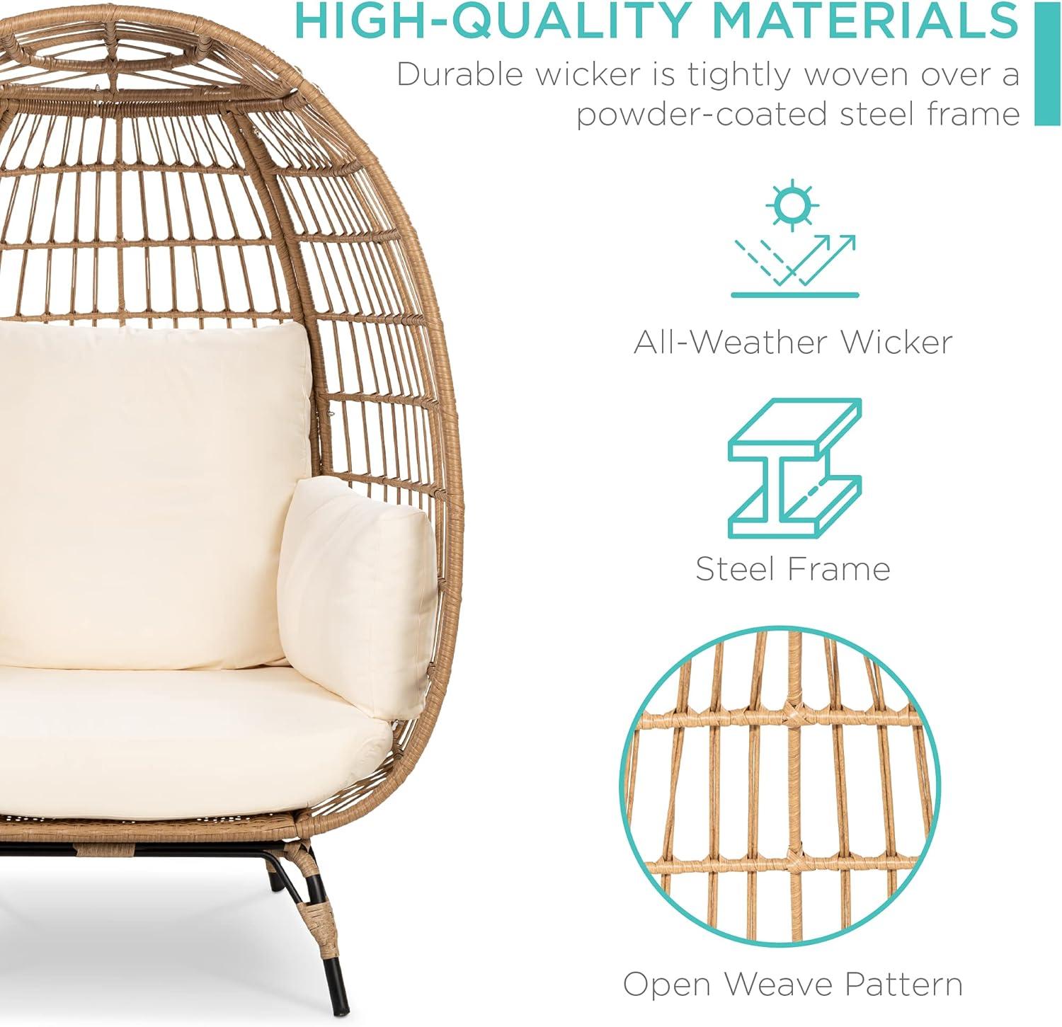 imageBest Choice Products Wicker Egg Chair Oversized Indoor Outdoor Lounger for Patio Backyard Living Room w 4 Cushions Steel Frame 440lb Capacity  IvoryIvory