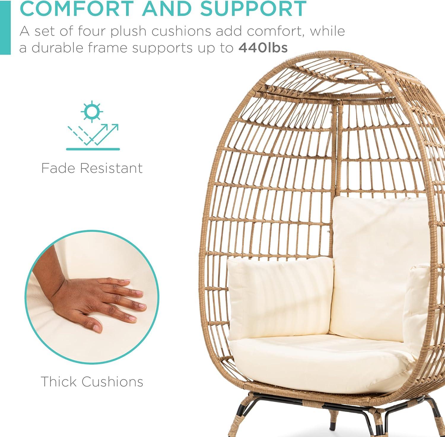 imageBest Choice Products Wicker Egg Chair Oversized Indoor Outdoor Lounger for Patio Backyard Living Room w 4 Cushions Steel Frame 440lb Capacity  IvoryIvory