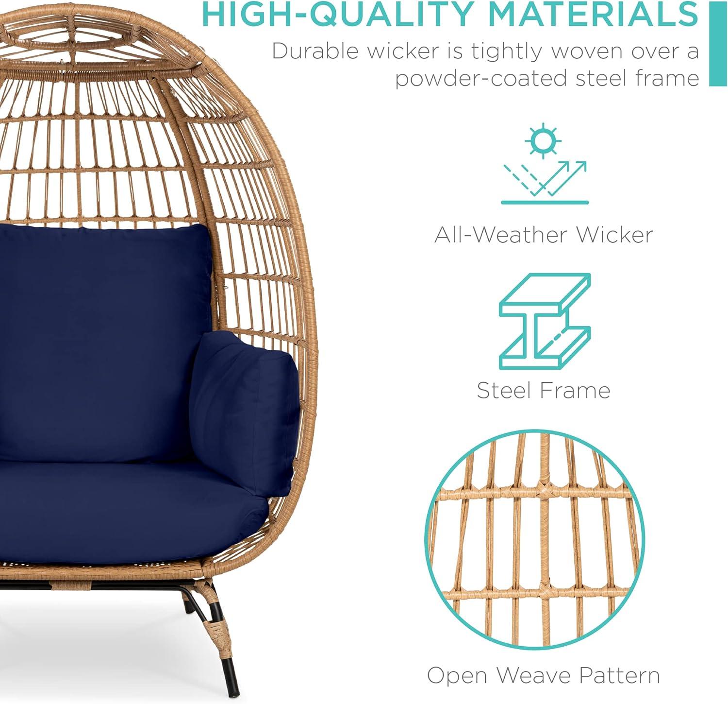 imageBest Choice Products Wicker Egg Chair Oversized Indoor Outdoor Lounger for Patio Backyard Living Room w 4 Cushions Steel Frame 440lb Capacity  IvoryNavy