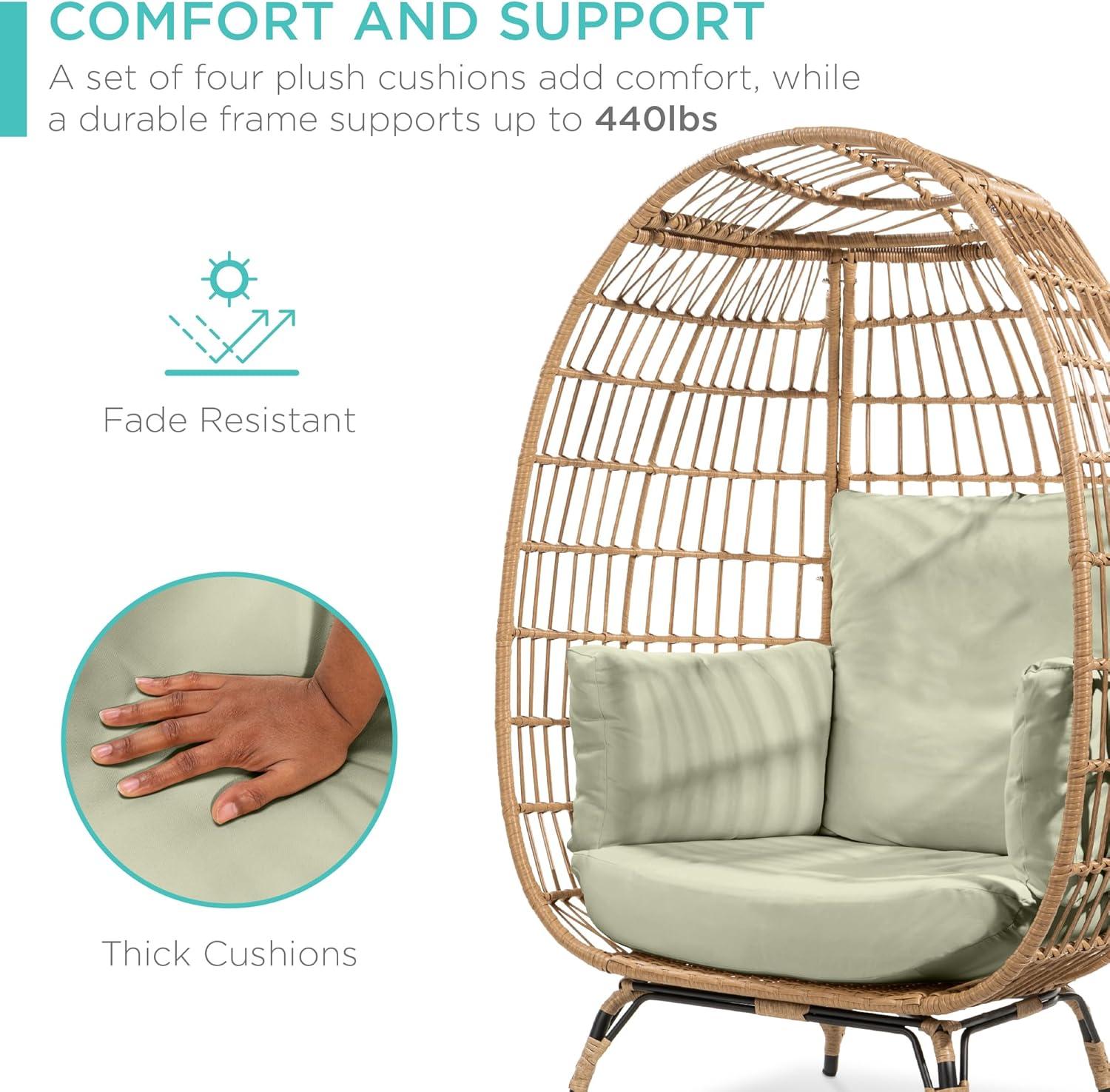 imageBest Choice Products Wicker Egg Chair Oversized Indoor Outdoor Lounger for Patio Backyard Living Room w 4 Cushions Steel Frame 440lb Capacity  IvorySage