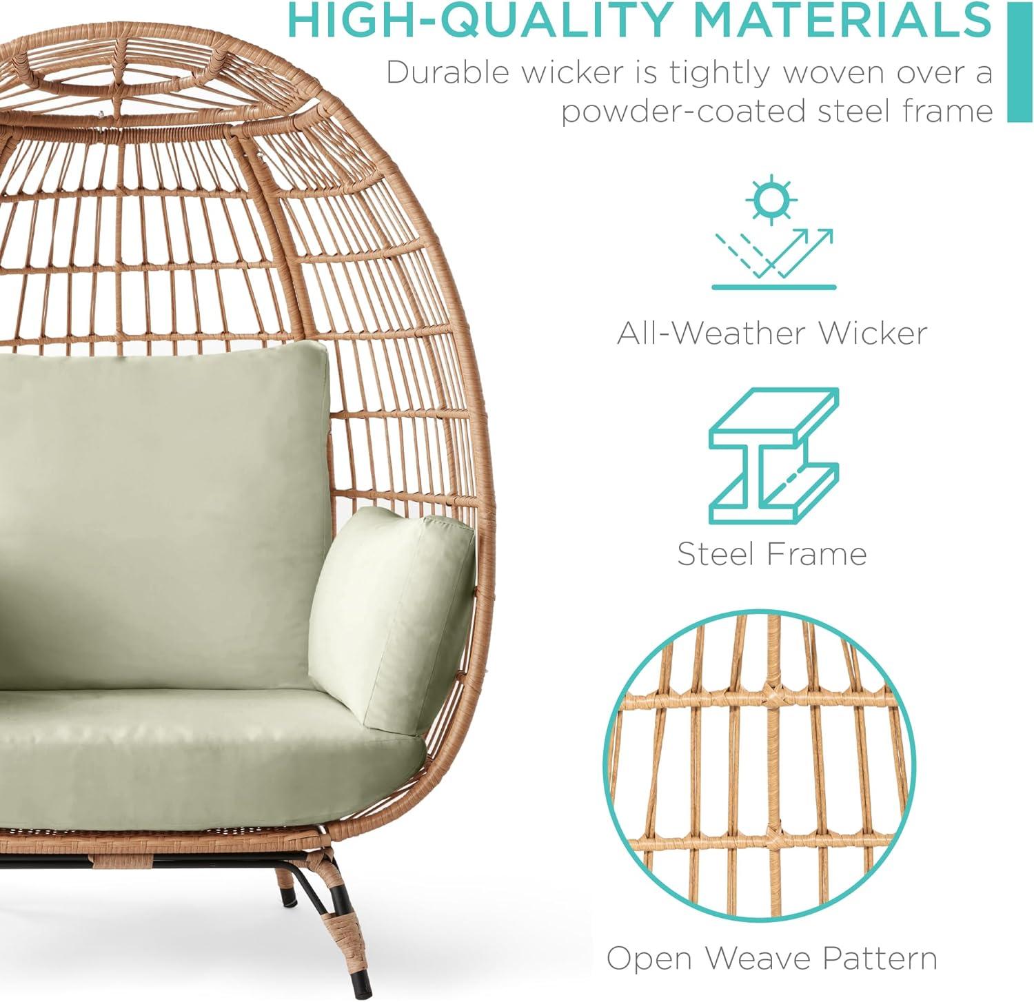 imageBest Choice Products Wicker Egg Chair Oversized Indoor Outdoor Lounger for Patio Backyard Living Room w 4 Cushions Steel Frame 440lb Capacity  IvorySage