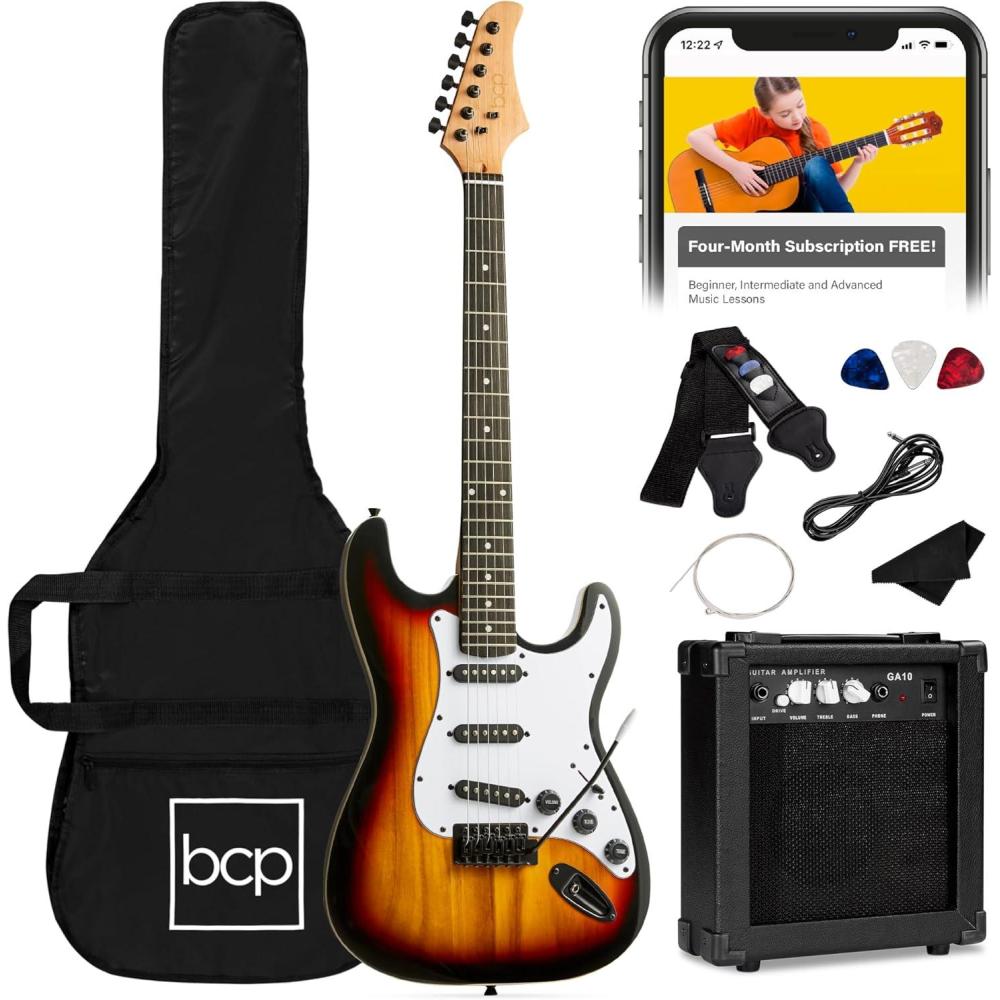 imageBest Choice Products 39in Full Size Beginner Electric Guitar Starter Kit wCase Strap 10W Amp Strings Pick Tremolo Bar  Sunburst3 Color Sunburst
