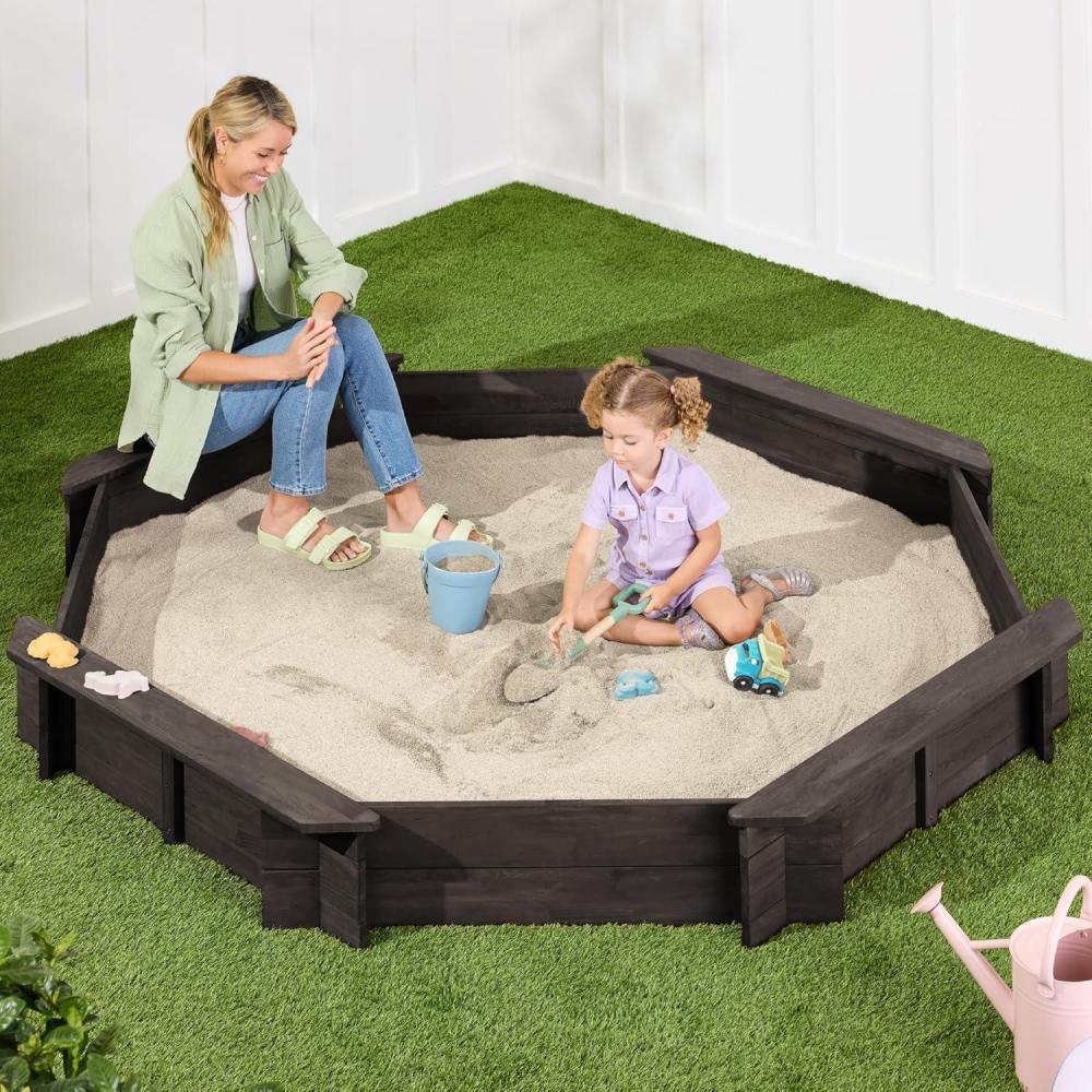 imageBest Choice Products Kids Large Octagonal Wooden Outdoor Sandbox with Cover w 4 Reinforced Benches 8 Seats XL Sandpit Bottom Liner  BrownEspresso