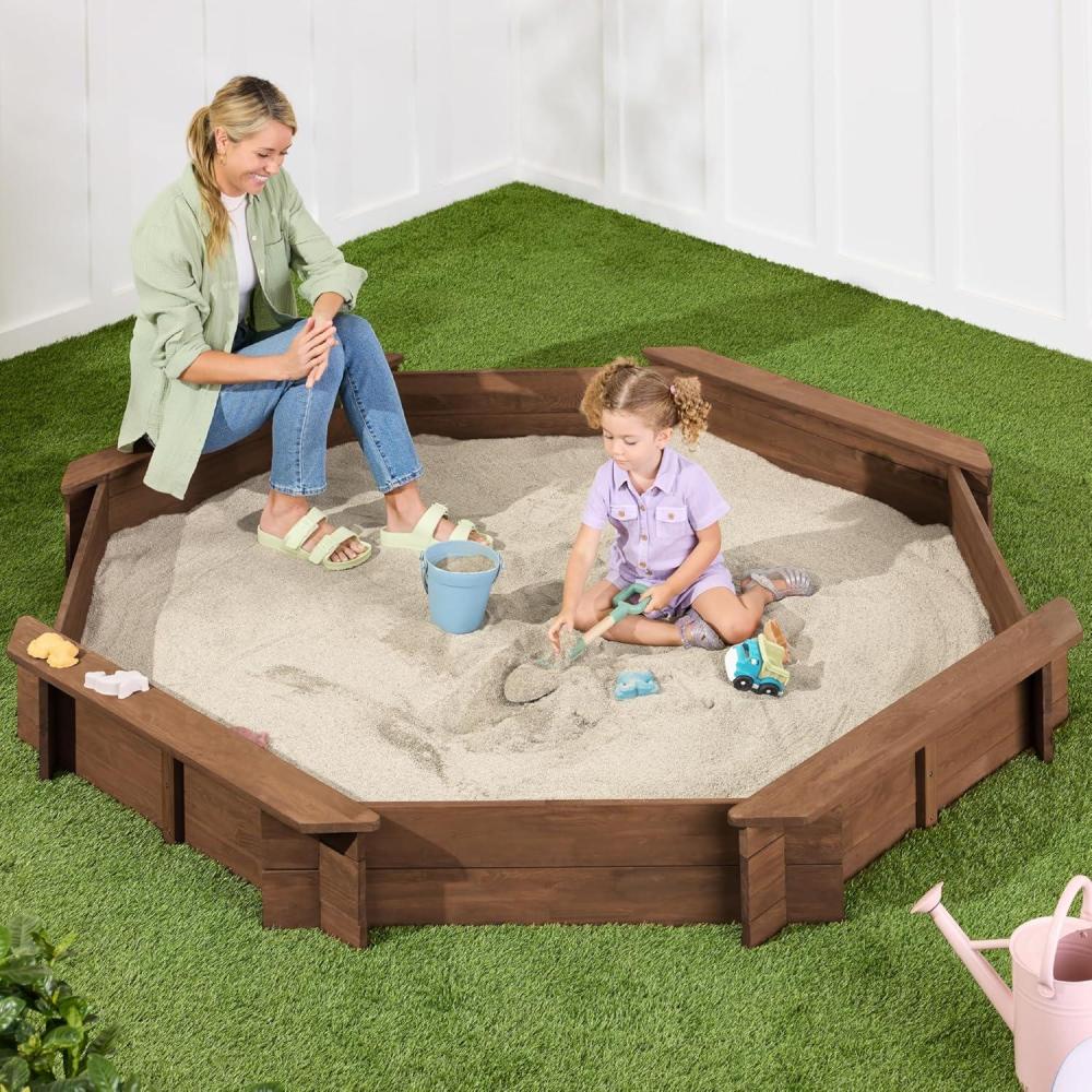 imageBest Choice Products Kids Large Octagonal Wooden Outdoor Sandbox with Cover w 4 Reinforced Benches 8 Seats XL Sandpit Bottom Liner  BrownWalnut
