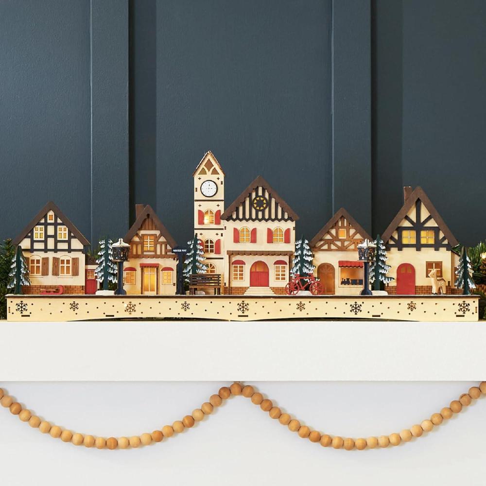 imageBest Choice Products PreLit Wooden Christmas Village Winter Mantel Decor Traditional Holiday Decoration for Home Living Room Entryway wLED Lights PluginBatteryPowered wTimer