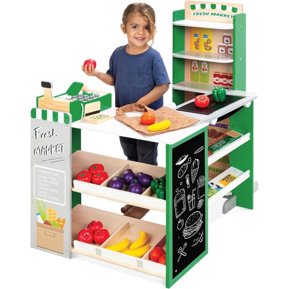 imageBest Choice Products Pretend Play Grocery Store Wooden Supermarket Toy Set for Kids wPlay Food Chalkboard Cash Register Working Conveyor  RedGreen