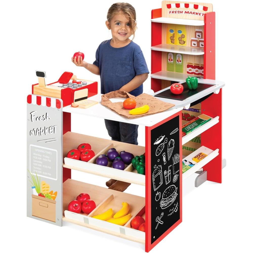 imageBest Choice Products Pretend Play Grocery Store Wooden Supermarket Toy Set for Kids wPlay Food Chalkboard Cash Register Working Conveyor  RedRed