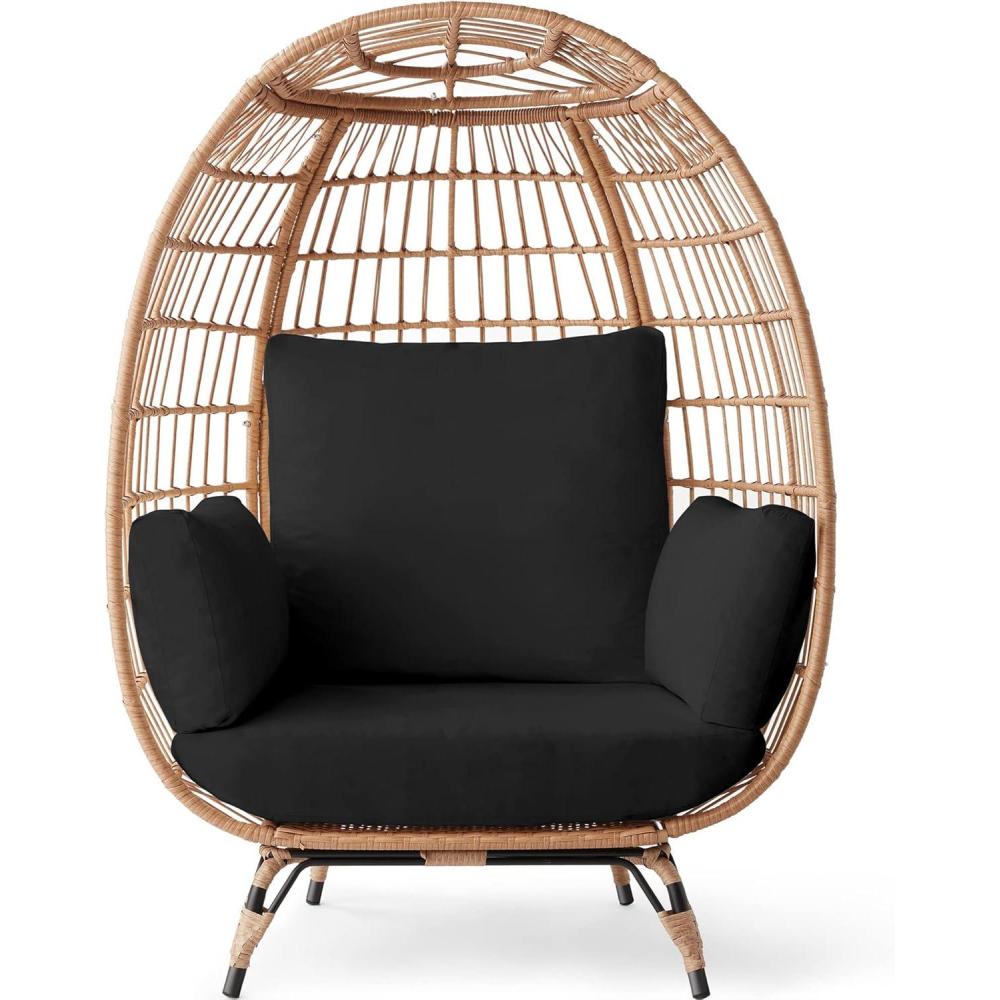 imageBest Choice Products Wicker Egg Chair Oversized Indoor Outdoor Lounger for Patio Backyard Living Room w 4 Cushions Steel Frame 440lb Capacity  IvoryBlack
