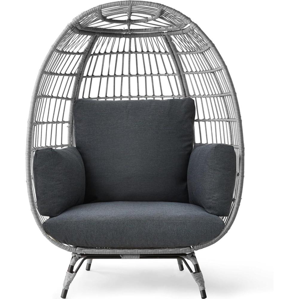 imageBest Choice Products Wicker Egg Chair Oversized Indoor Outdoor Lounger for Patio Backyard Living Room w 4 Cushions Steel Frame 440lb Capacity  IvoryGrayCharcoal