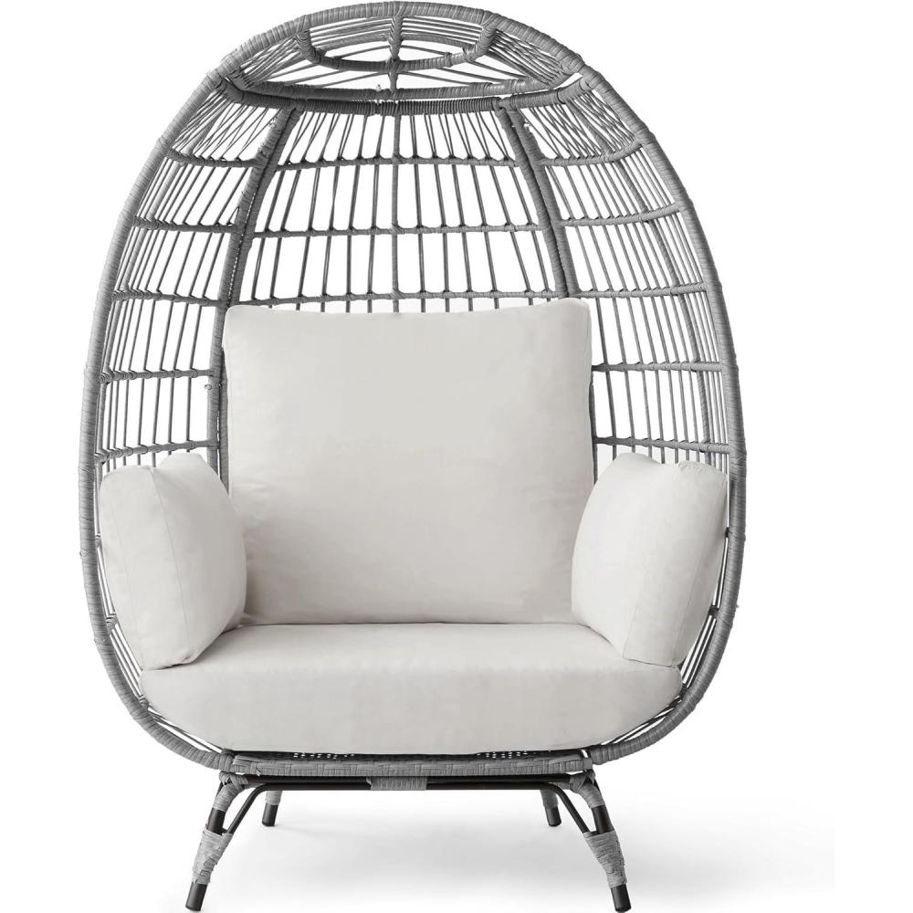 imageBest Choice Products Wicker Egg Chair Oversized Indoor Outdoor Lounger for Patio Backyard Living Room w 4 Cushions Steel Frame 440lb Capacity  IvoryGrayWhite Sand