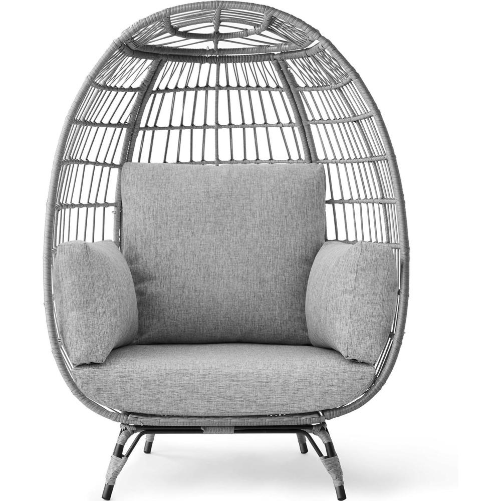imageBest Choice Products Wicker Egg Chair Oversized Indoor Outdoor Lounger for Patio Backyard Living Room w 4 Cushions Steel Frame 440lb Capacity  IvoryGrayHeather Gray