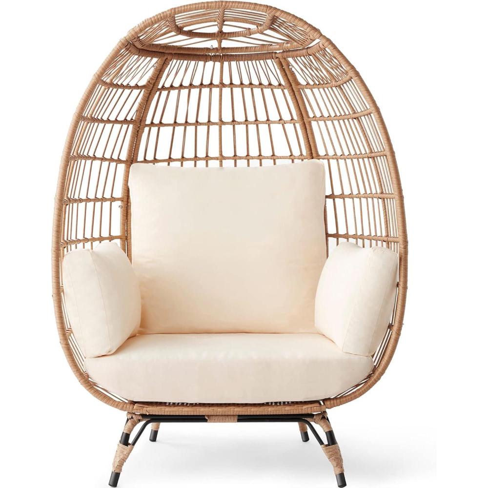 imageBest Choice Products Wicker Egg Chair Oversized Indoor Outdoor Lounger for Patio Backyard Living Room w 4 Cushions Steel Frame 440lb Capacity  IvoryIvory