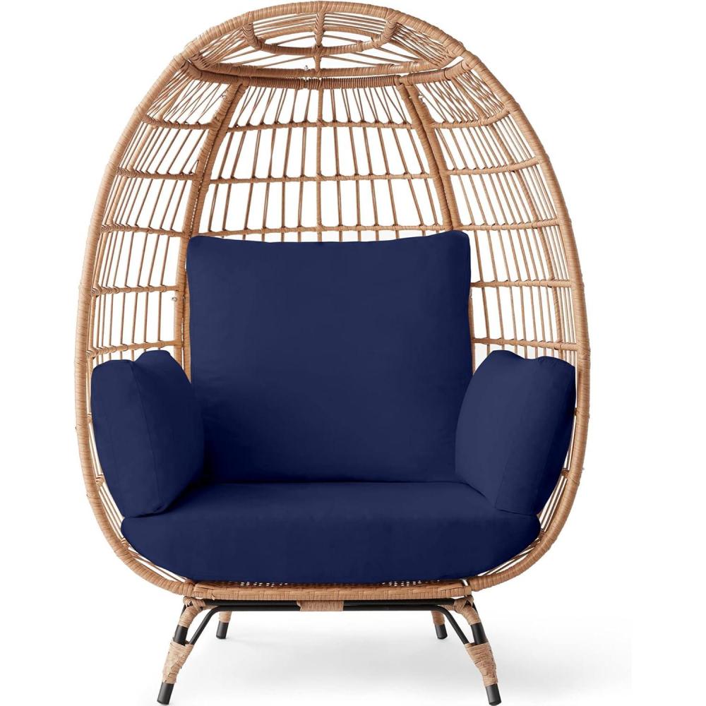 imageBest Choice Products Wicker Egg Chair Oversized Indoor Outdoor Lounger for Patio Backyard Living Room w 4 Cushions Steel Frame 440lb Capacity  IvoryNavy