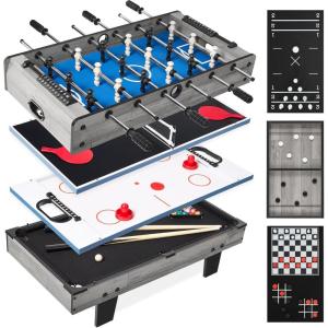imageBest Choice Products 11in1 Kids Combo Game Table Set for Home Game Room wPing Pong Foosball Table Hockey Chess Checkers Shuffleboard Bowling 5 Accessory BagsGray
