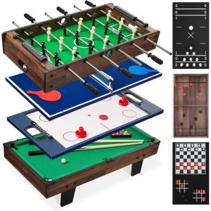 imageBest Choice Products 11in1 Kids Combo Game Table Set for Home Game Room wPing Pong Foosball Table Hockey Chess Checkers Shuffleboard Bowling 5 Accessory BagsDark Wood