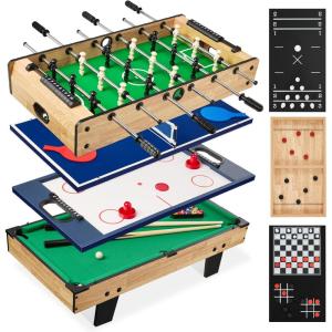 imageBest Choice Products 11in1 Kids Combo Game Table Set for Home Game Room wPing Pong Foosball Table Hockey Chess Checkers Shuffleboard Bowling 5 Accessory BagsLight Wood