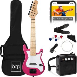 imageBest Choice Products 30in Beginners Electric Guitar Beginner Starter Kit w 5W Amplifier Strap Gig Bag Strings Picks  BlackPink Sparkle