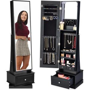 imageBest Choice Products 360 Swivel Mirrored Jewelry Cabinet Standing Armoire Makeup Storage Organizer wLEDlit Mirror 3 Shelves  WhiteBlack