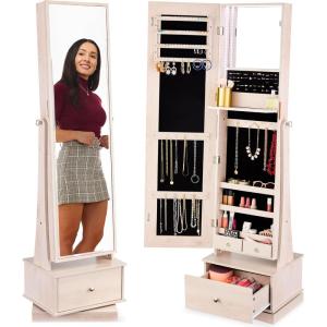 imageBest Choice Products 360 Swivel Mirrored Jewelry Cabinet Standing Armoire Makeup Storage Organizer wLEDlit Mirror 3 Shelves  WhiteCoastal White