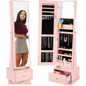 imageBest Choice Products 360 Swivel Mirrored Jewelry Cabinet Standing Armoire Makeup Storage Organizer wLEDlit Mirror 3 Shelves  WhiteDusty Pink