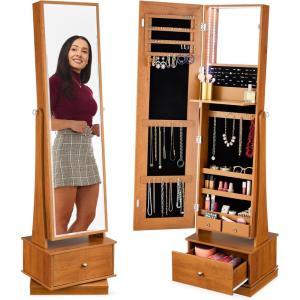 imageBest Choice Products 360 Swivel Mirrored Jewelry Cabinet Standing Armoire Makeup Storage Organizer wLEDlit Mirror 3 Shelves  WhiteRustic Brown