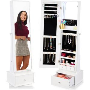 imageBest Choice Products 360 Swivel Mirrored Jewelry Cabinet Standing Armoire Makeup Storage Organizer wLEDlit Mirror 3 Shelves  WhiteWhite