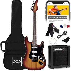 imageBest Choice Products 39in Full Size Beginner Electric Guitar Starter Kit wCase Strap 10W Amp Strings Pick Tremolo Bar  SunburstBourbon