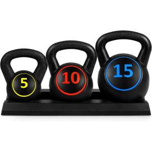 imageBest Choice Products 3Piece Kettlebell Set with Storage Rack HDPE Coated Exercise Fitness Concrete Weights for Home Gym Strength Training HIIT Workout 5lb 10lb 15lb