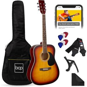 imageBest Choice Products 41in Full Size Beginner All Wood Acoustic Guitar Starter Set wGig Bag Strap Capo Strings Picks  SunburstSunburst
