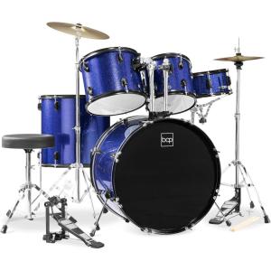 imageBest Choice Products 5Piece Full Size Complete Adult Drum Set wCymbal Stands Stool Drum Pedal Sticks Floor Tom  BlackDark Blue Sparkle