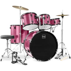 imageBest Choice Products 5Piece Full Size Complete Adult Drum Set wCymbal Stands Stool Drum Pedal Sticks Floor Tom  BlackPink Sparkle